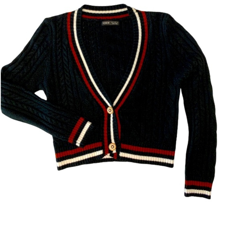 Shein cropped cable knit cardigan, vintage sparkly feature buttons, stripe trim